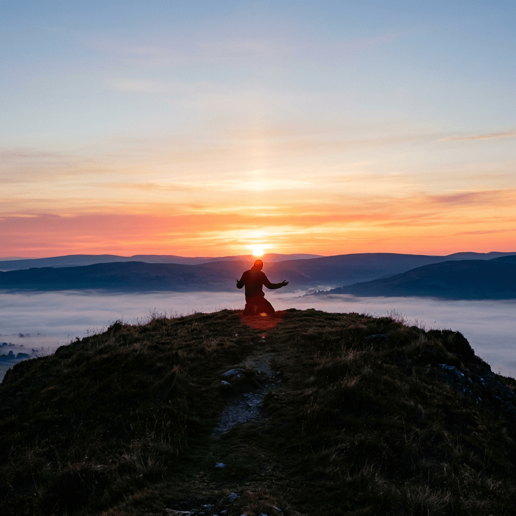 Person sitting in meditation pose on mountain peak during sunrise