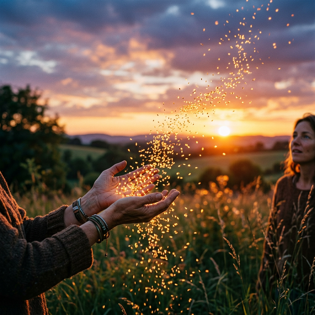 Hands releasing glowing particles in a sunlit field with sunset and a woman watching