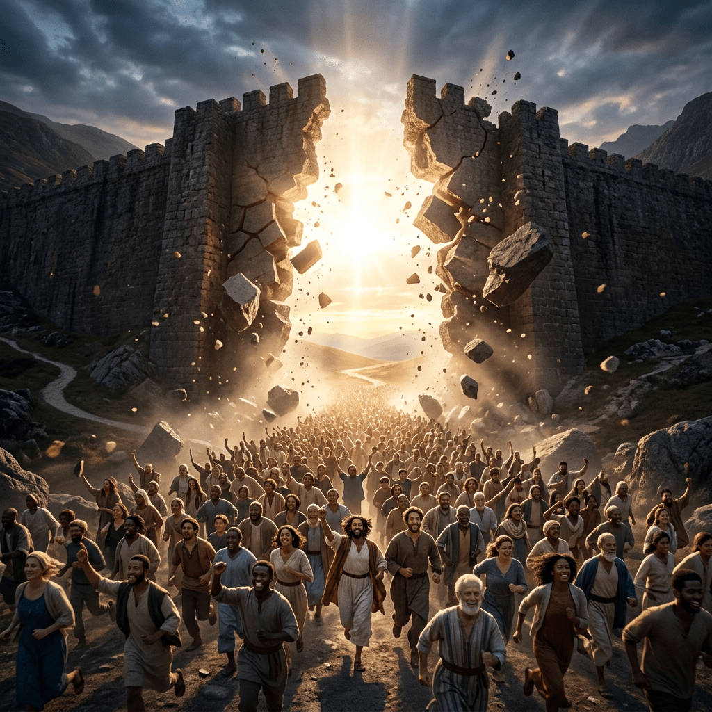 Large crowd running through a broken ancient stone gate with sunlight
