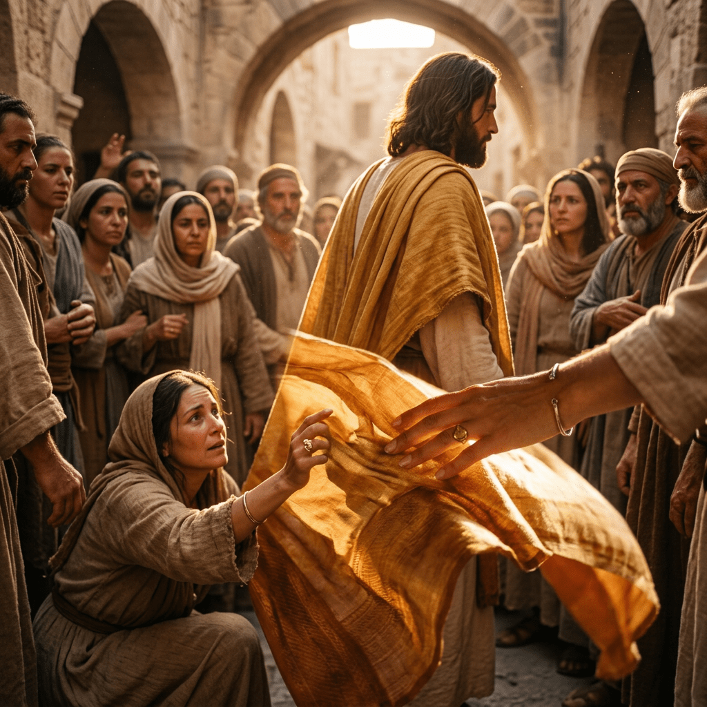 A woman reaching out to touch a man's yellow cloak surrounded by a crowd in an ancient marketplace