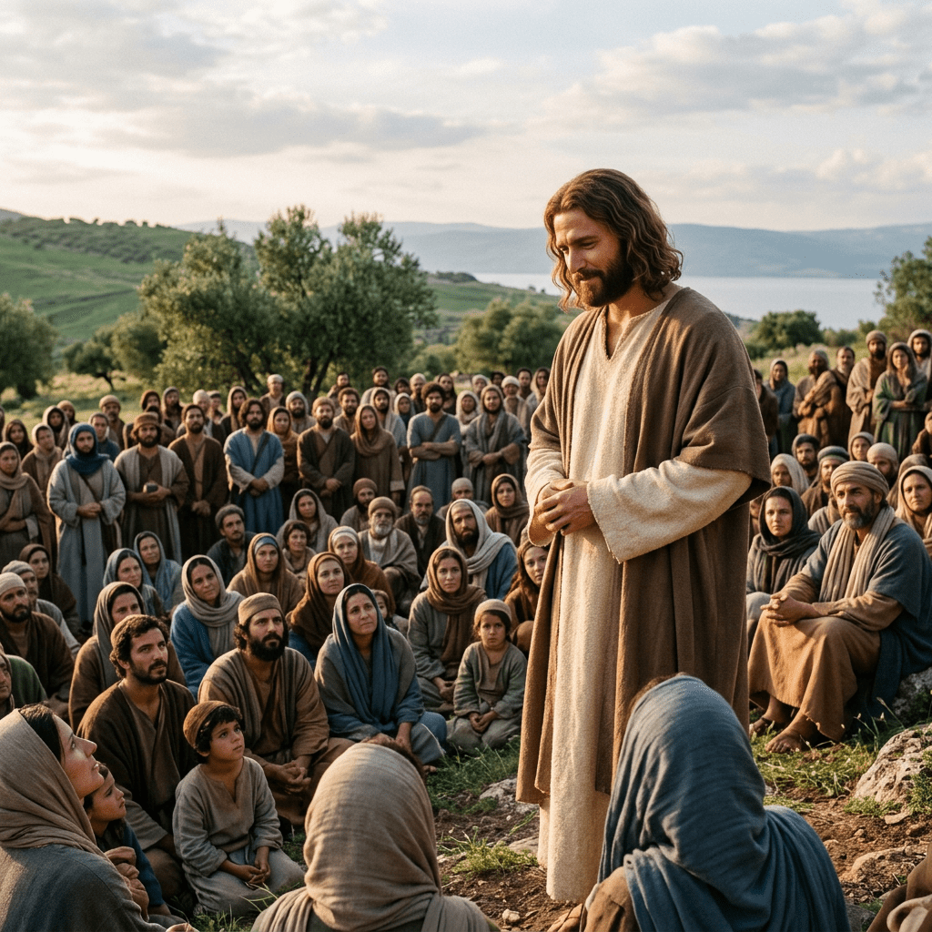 Man in brown and white robes addressing a large group of people seated outdoors.