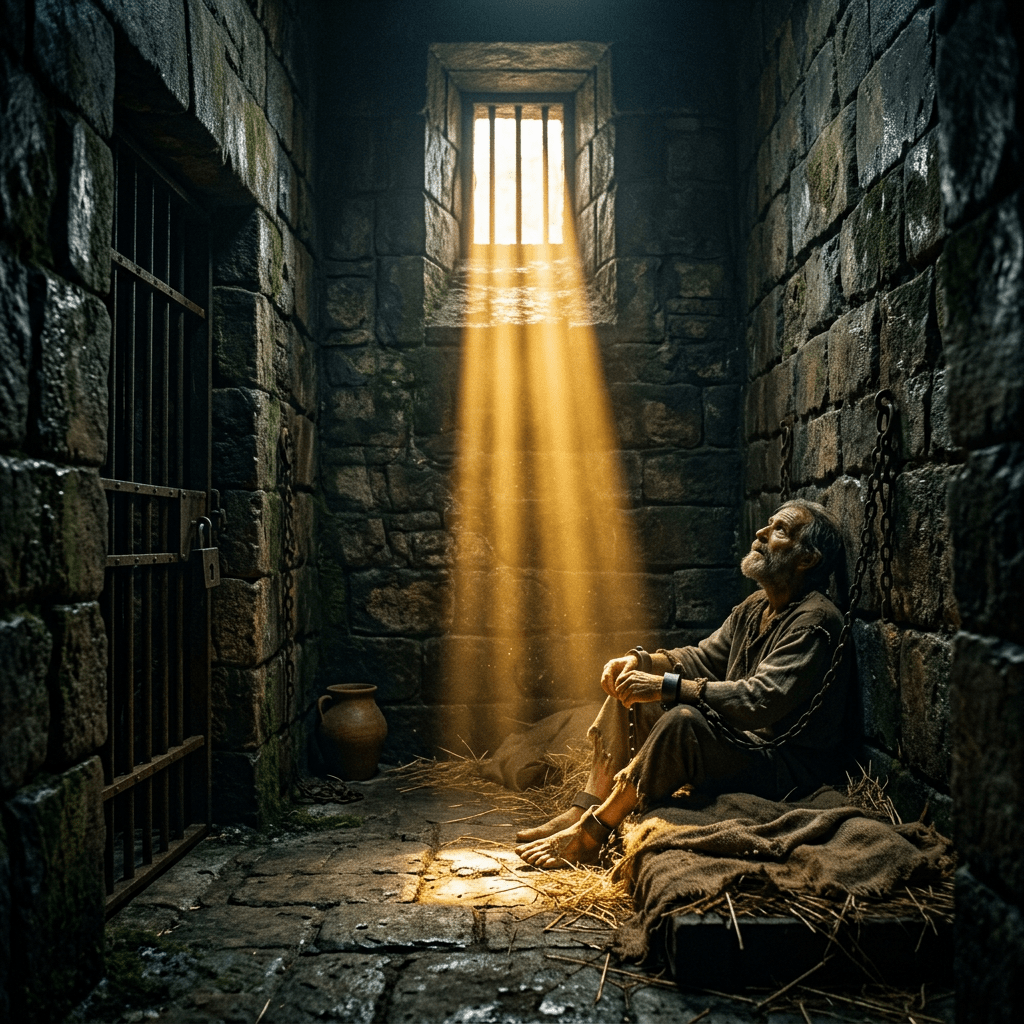 Elderly man chained in a stone dungeon cell with light streaming from a small barred window