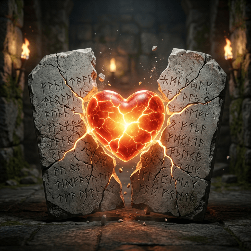 Glowing molten heart breaking through cracked ancient stone tablets with runic inscriptions