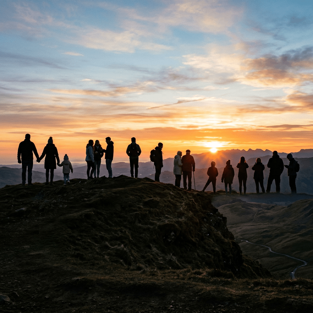Silhouettes of people standing on a mountain ridge at sunset