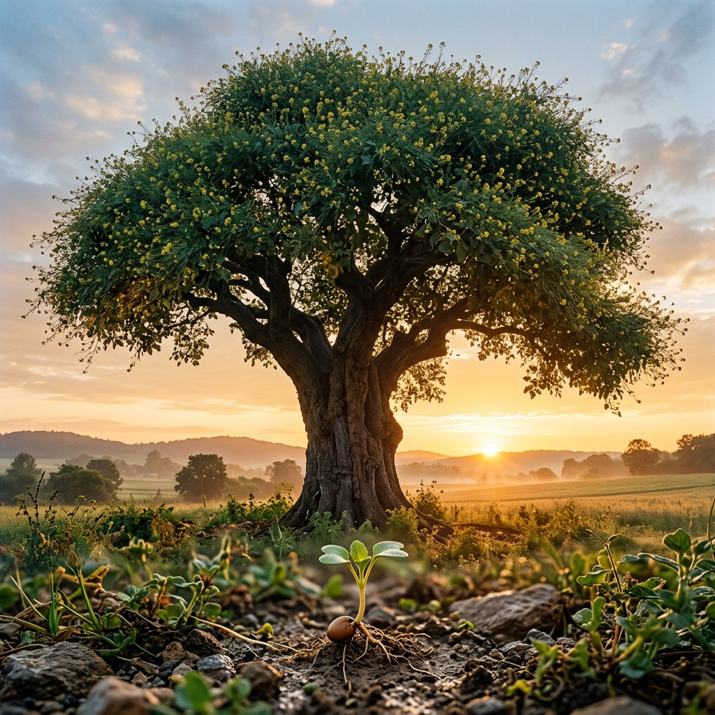 Large tree with yellow flowers in field at sunrise