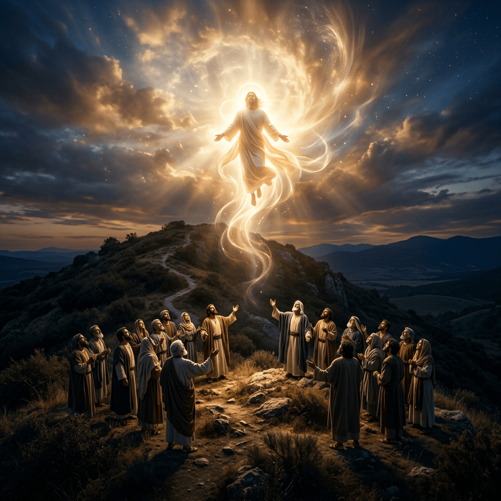 A glowing figure ascends above twelve people gathered on a rocky hill with dramatic sunset sky