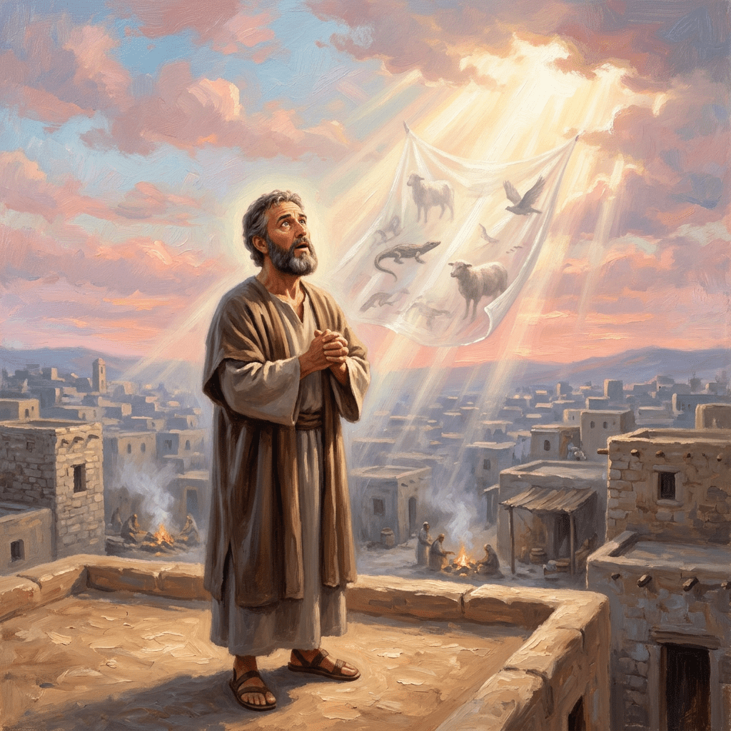 Man in biblical robes praying on rooftop with divine vision of animals in sky