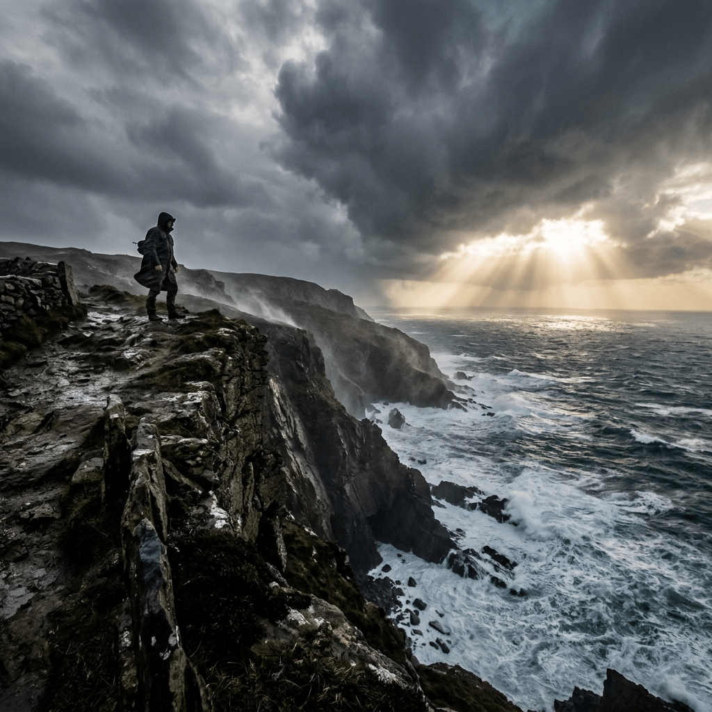 Person standing on rocky cliff edge overlooking rough sea and dark stormy clouds with sun rays