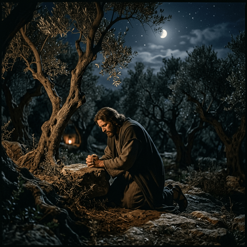 Man kneeling and praying next to rock in olive grove at night with moon and stars