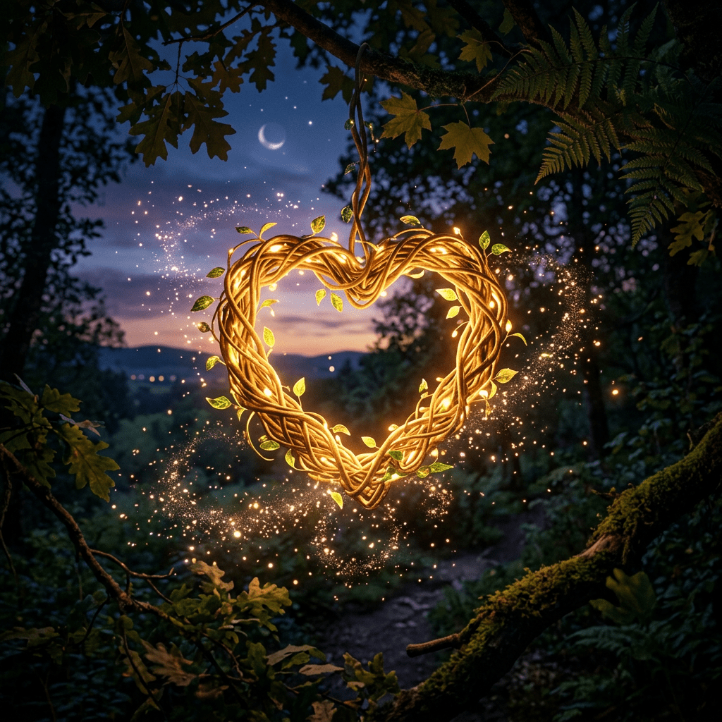 Glowing heart-shaped wreath made of intertwined branches with small leaves hanging in a forest at dusk