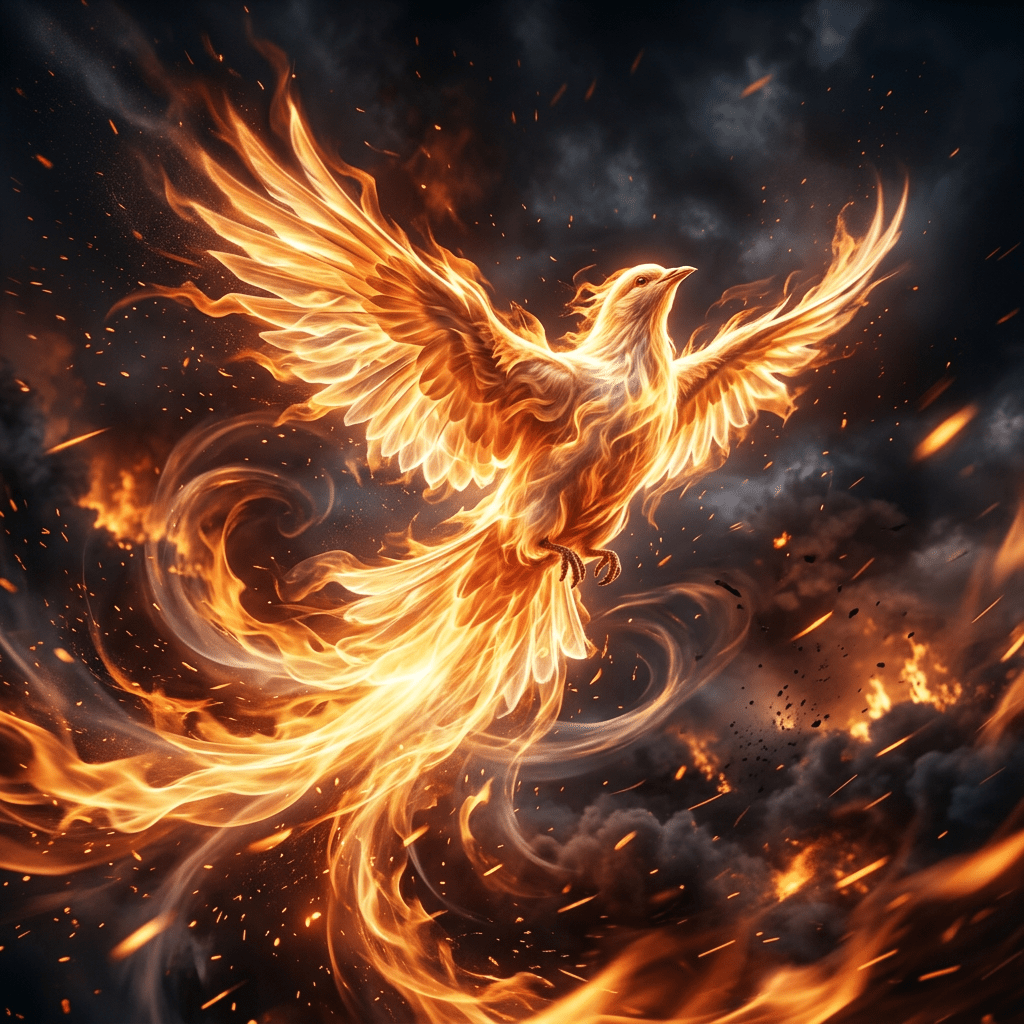 Phoenix bird composed of flames rising amidst smoke and sparks