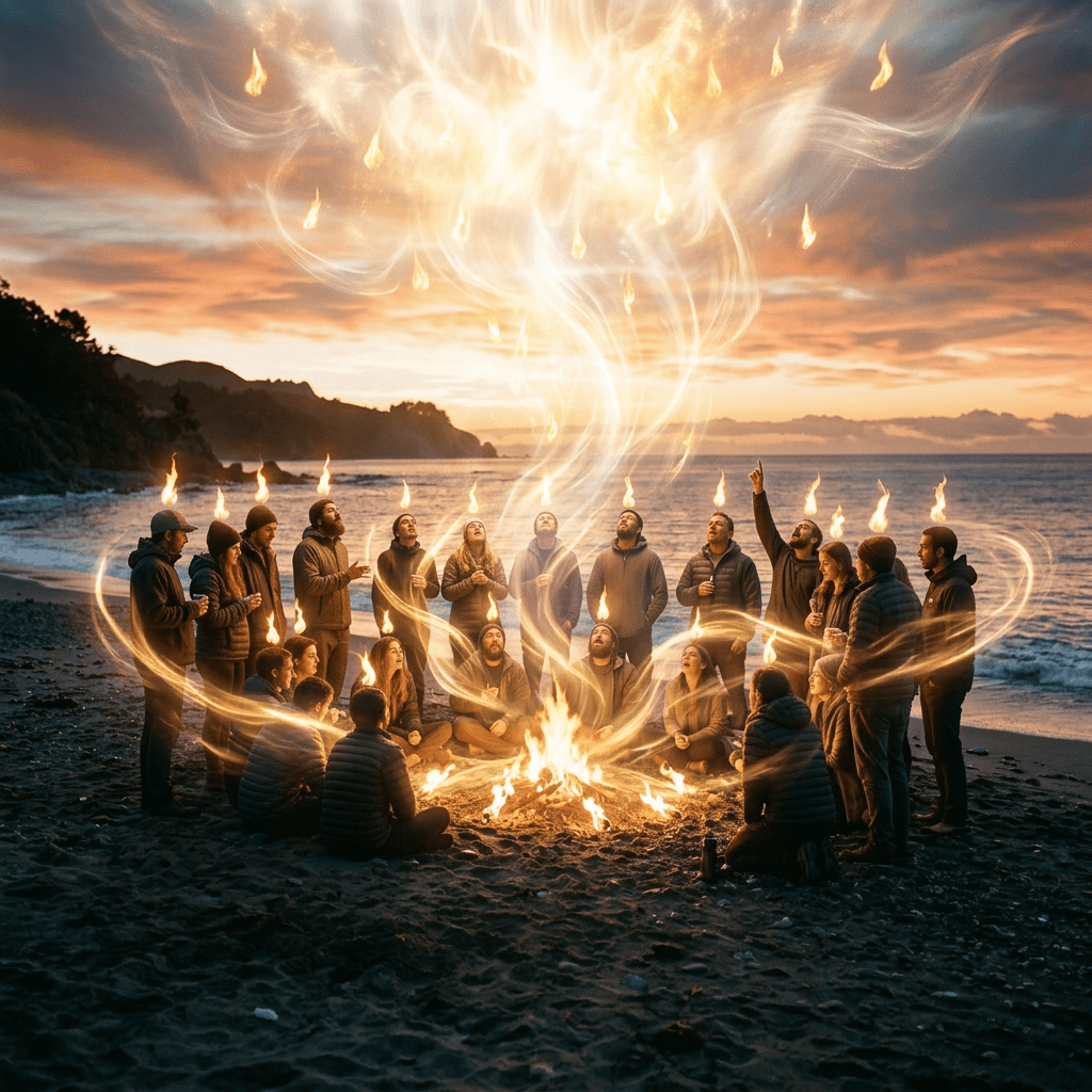 Group of people around a bonfire on a beach with fire flames rising and glowing at sunset
