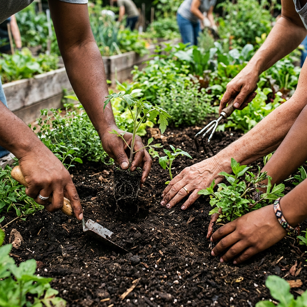 Hands planting seedling and preparing soil in community garden