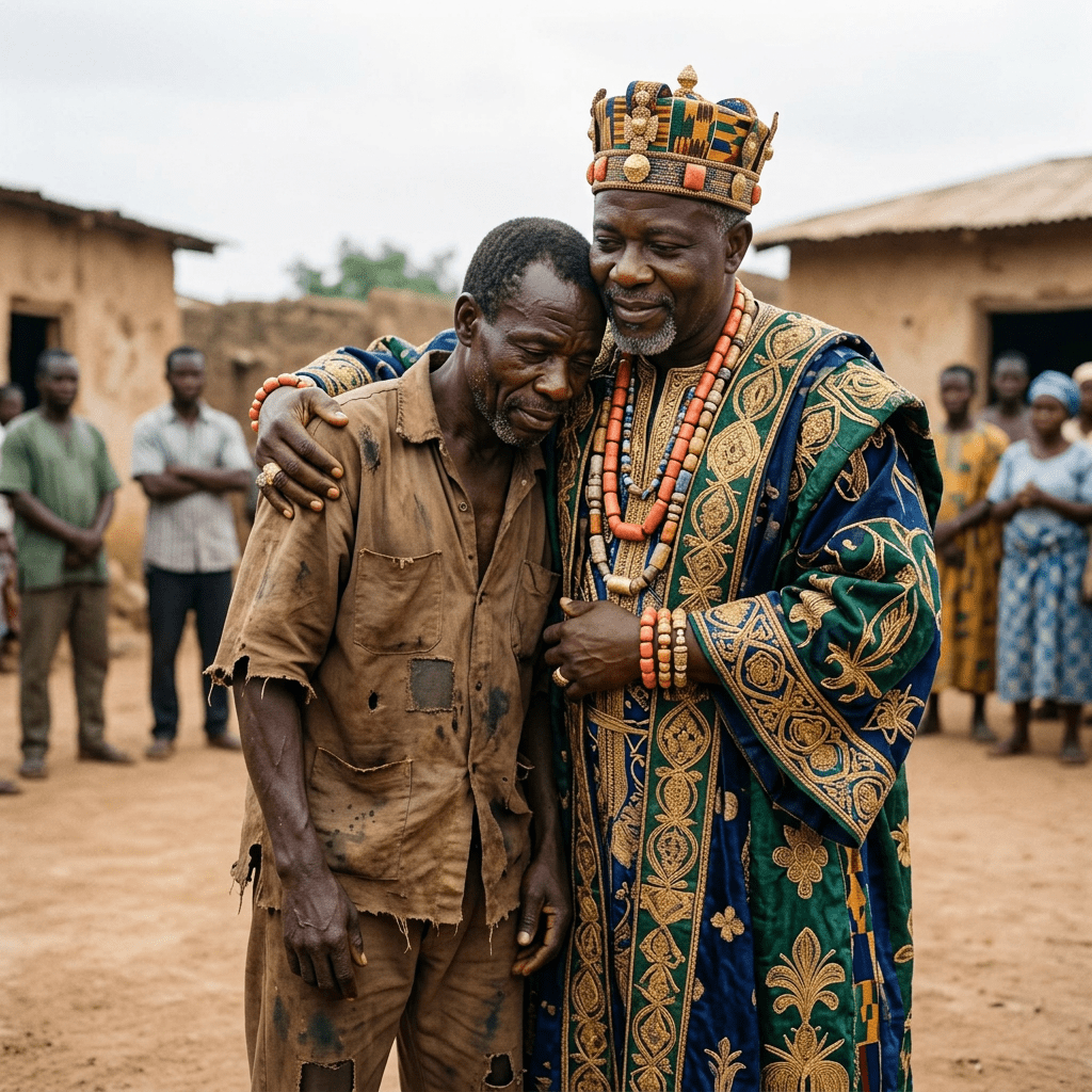 A traditionally dressed African king comforting a distressed man in worn clothes