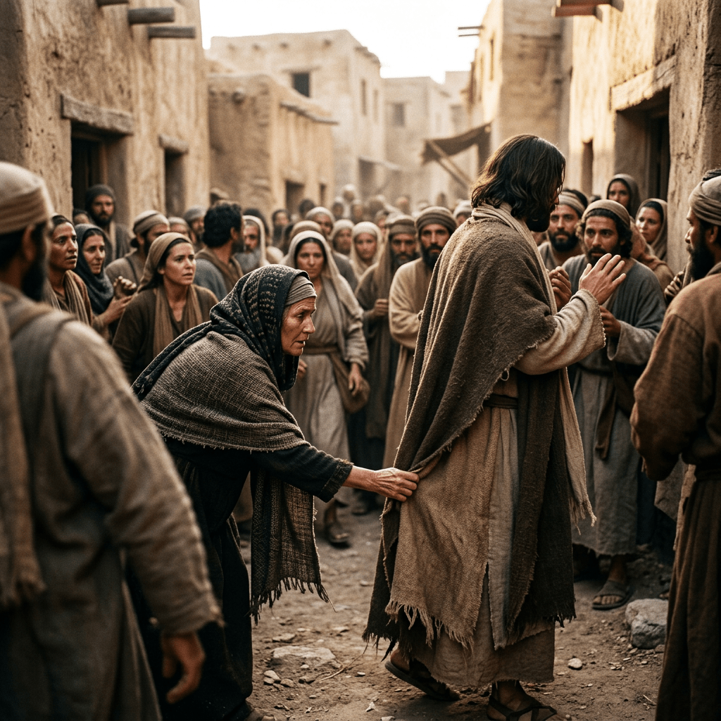 A woman in a headscarf reaching to touch the cloak of a man in ancient attire surrounded by people