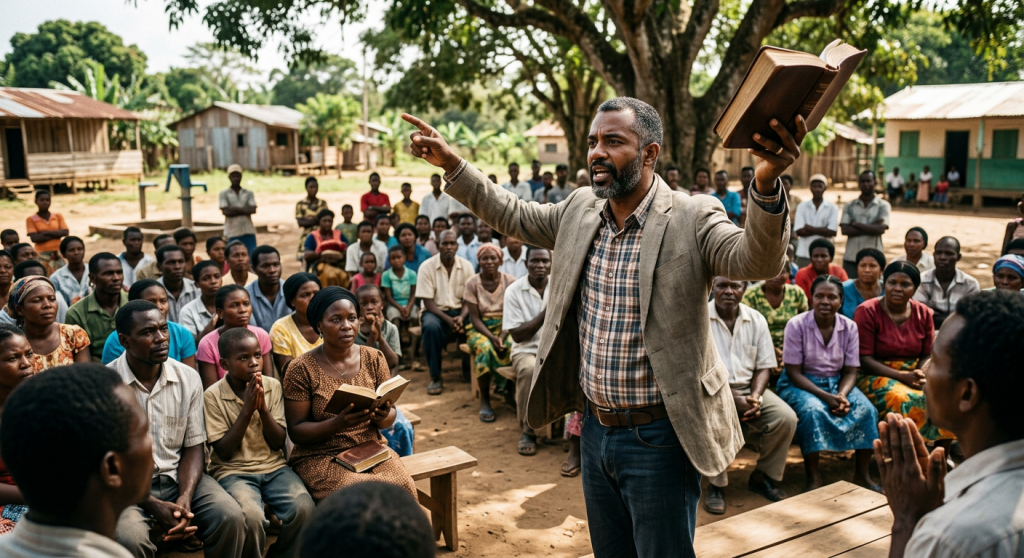 Man holding Bible preaching to seated community outdoors