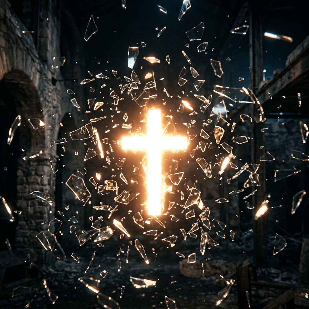 Glowing cross with shattered glass floating around it inside a dark stone structure