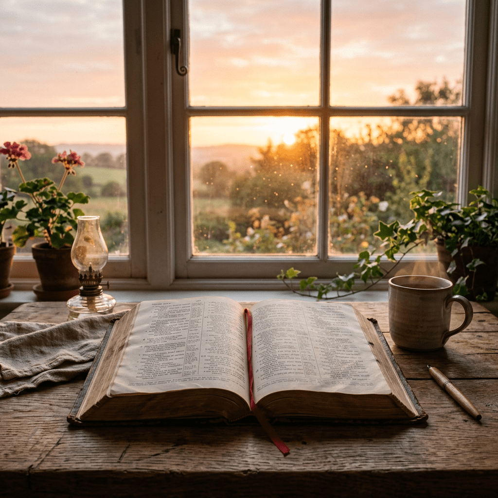 Open book on wooden table by window with sunrise, plants, and coffee cup