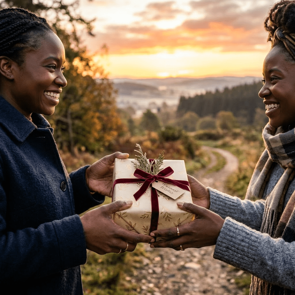 Two people holding a wrapped present with a red ribbon on a forest trail at sunset