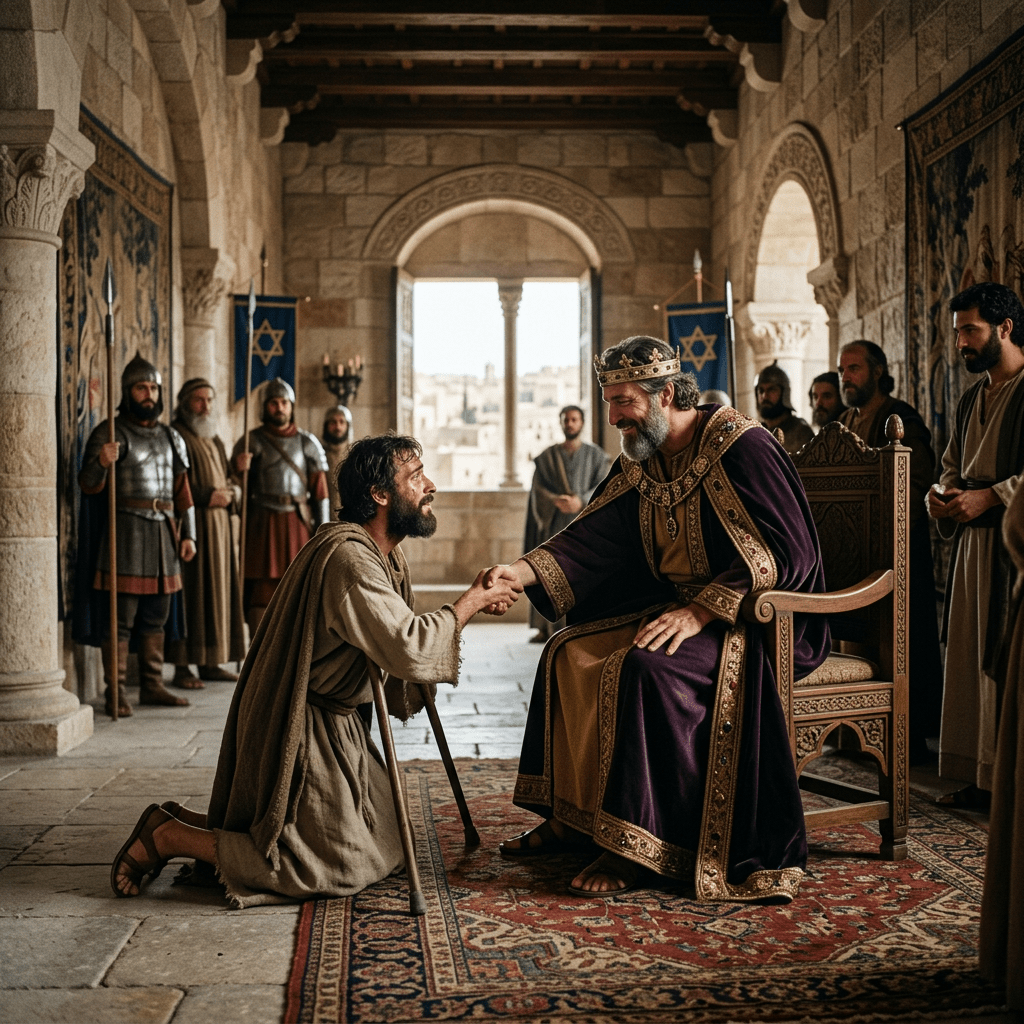 A man kneeling and shaking hands with a seated king in a medieval stone hall