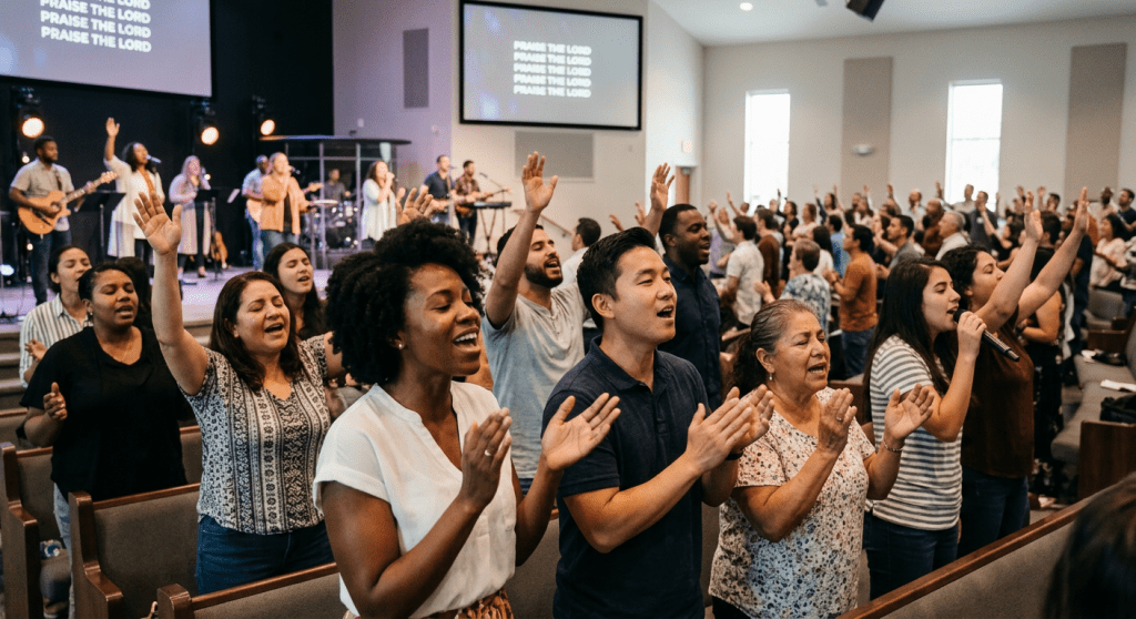 Congregation with raised hands singing worship music during church service