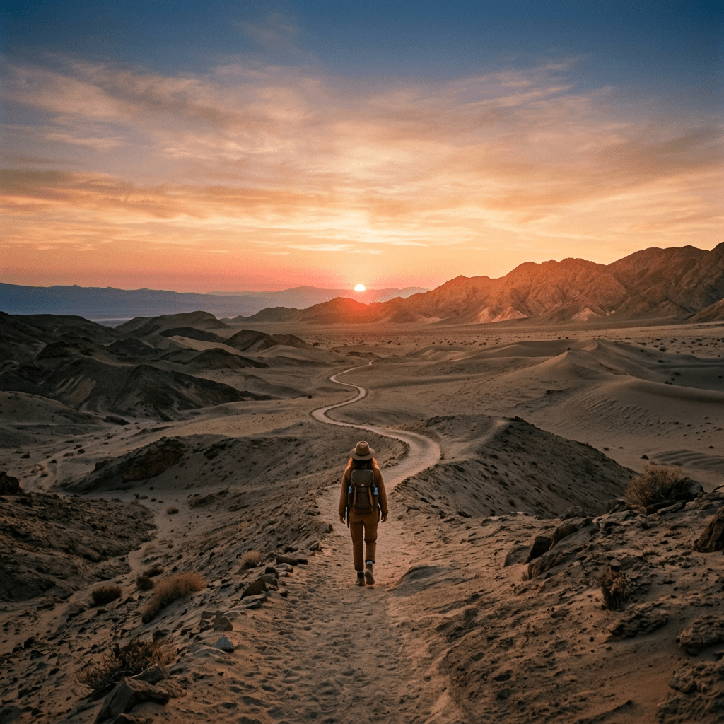 Hiker walking on sandy trail through desert with mountains and setting sun