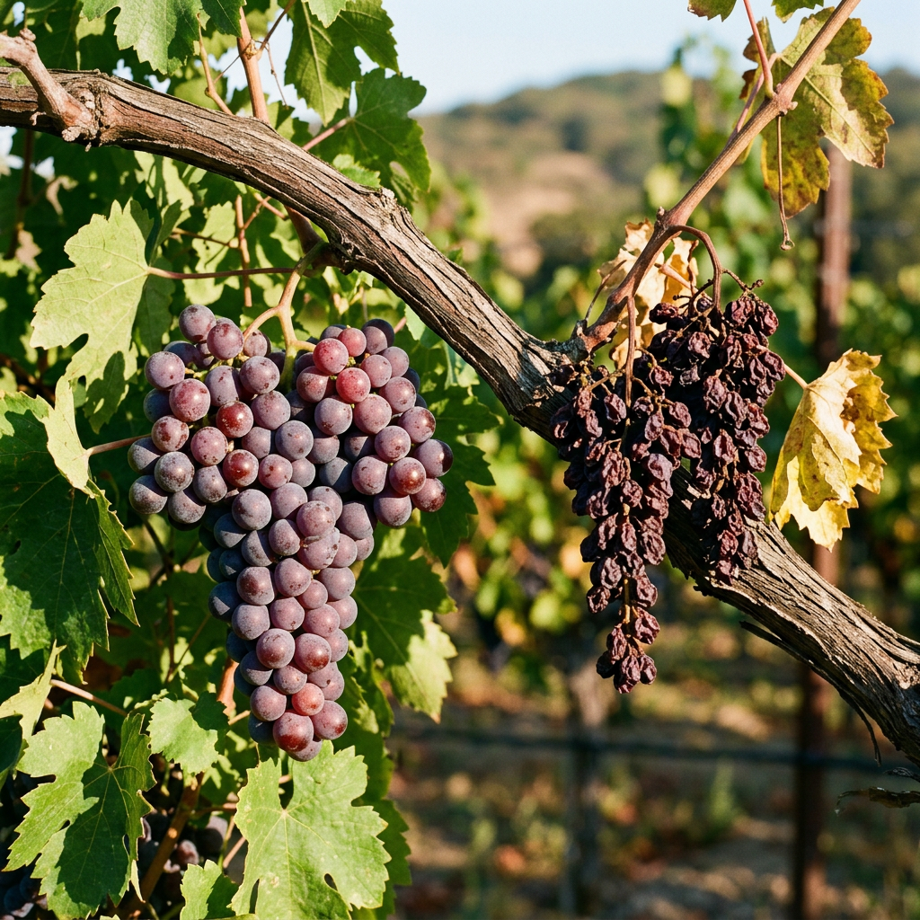 Cluster of fresh purple grapes next to a shriveled dried cluster on a grapevine branch