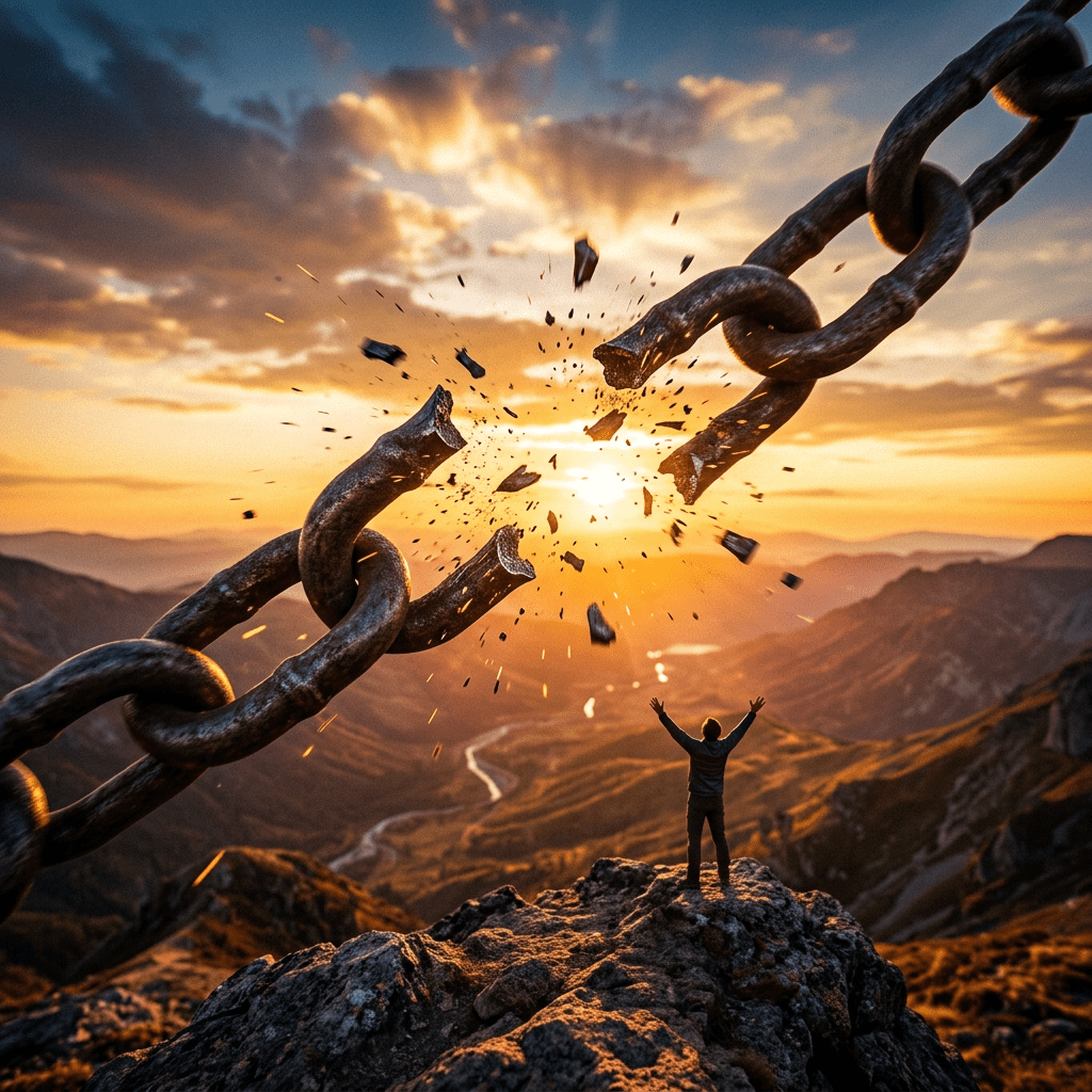 Person standing on rock with arms raised as large chain breaks in sunset