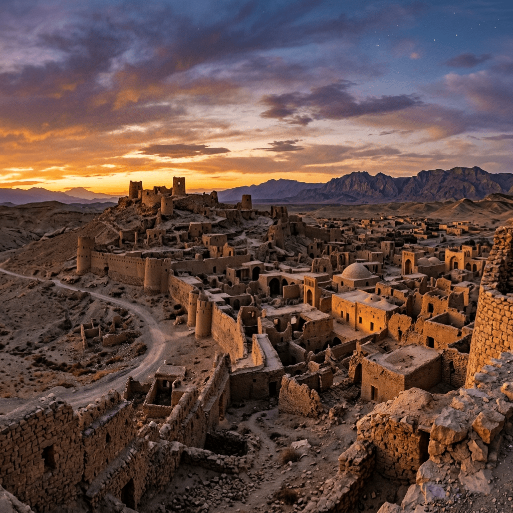 Ruins of an ancient fortress on a rocky hill with desert landscape and mountains in the background at sunset