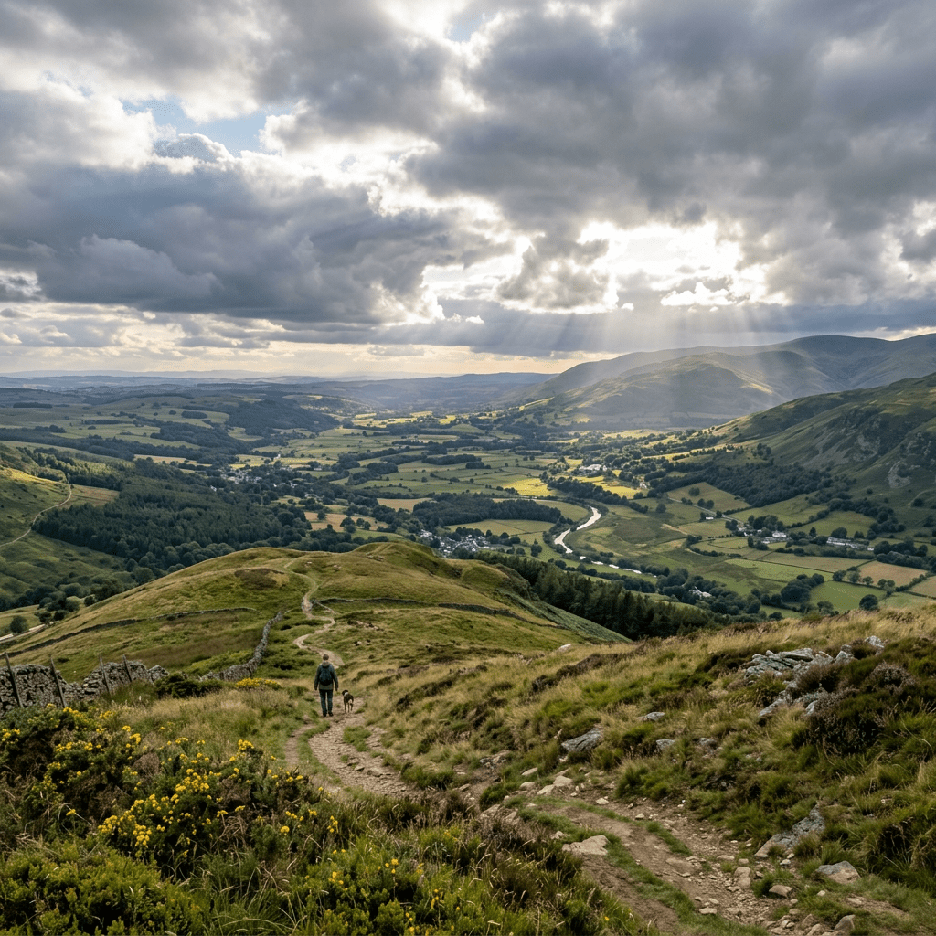Person walking dog on hillside trail overlooking green valley with sun rays