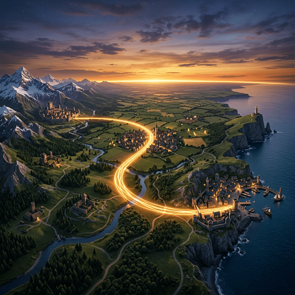 Medieval coastal and mountain towns connected by a glowing golden path at sunset