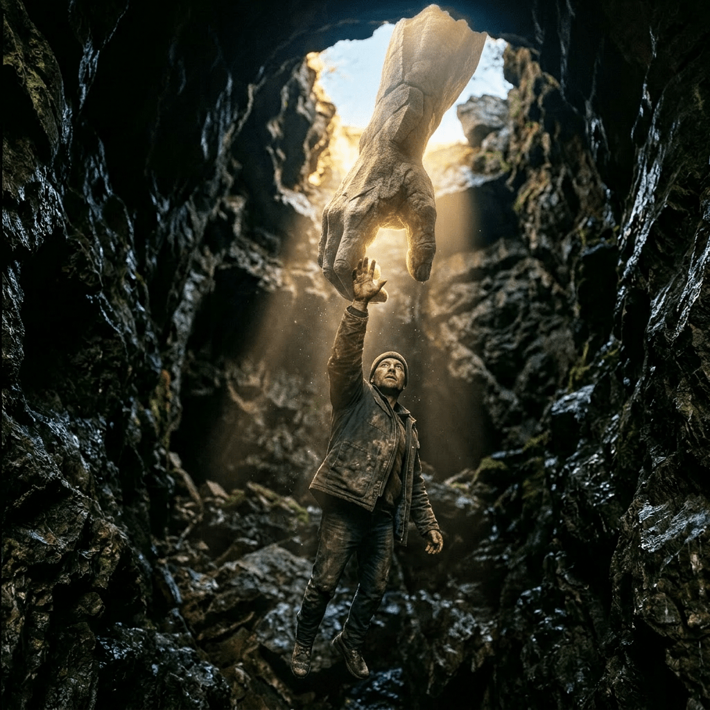 Man inside rocky cave reaching hand towards the light at the cave's opening