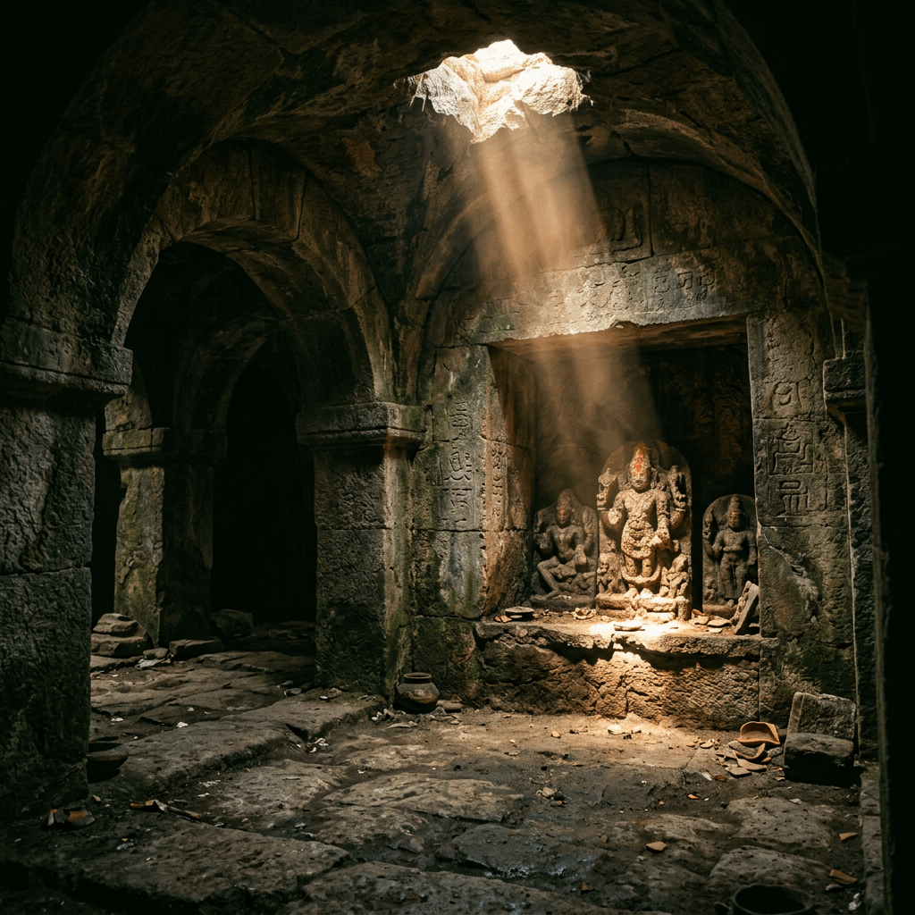 Stone carvings of deities in a dim ancient temple with a beam of sunlight
