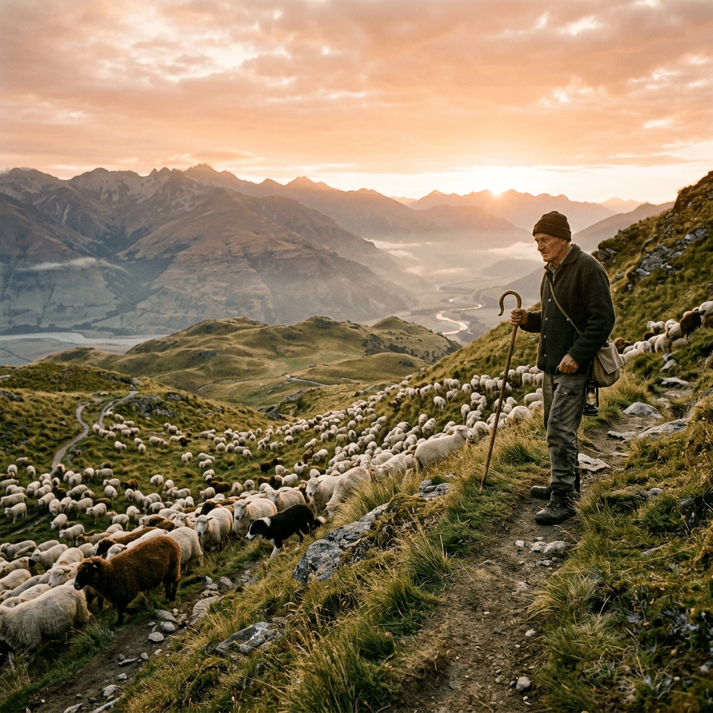 Shepherd standing on a grassy hillside with sheep and mountain sunset