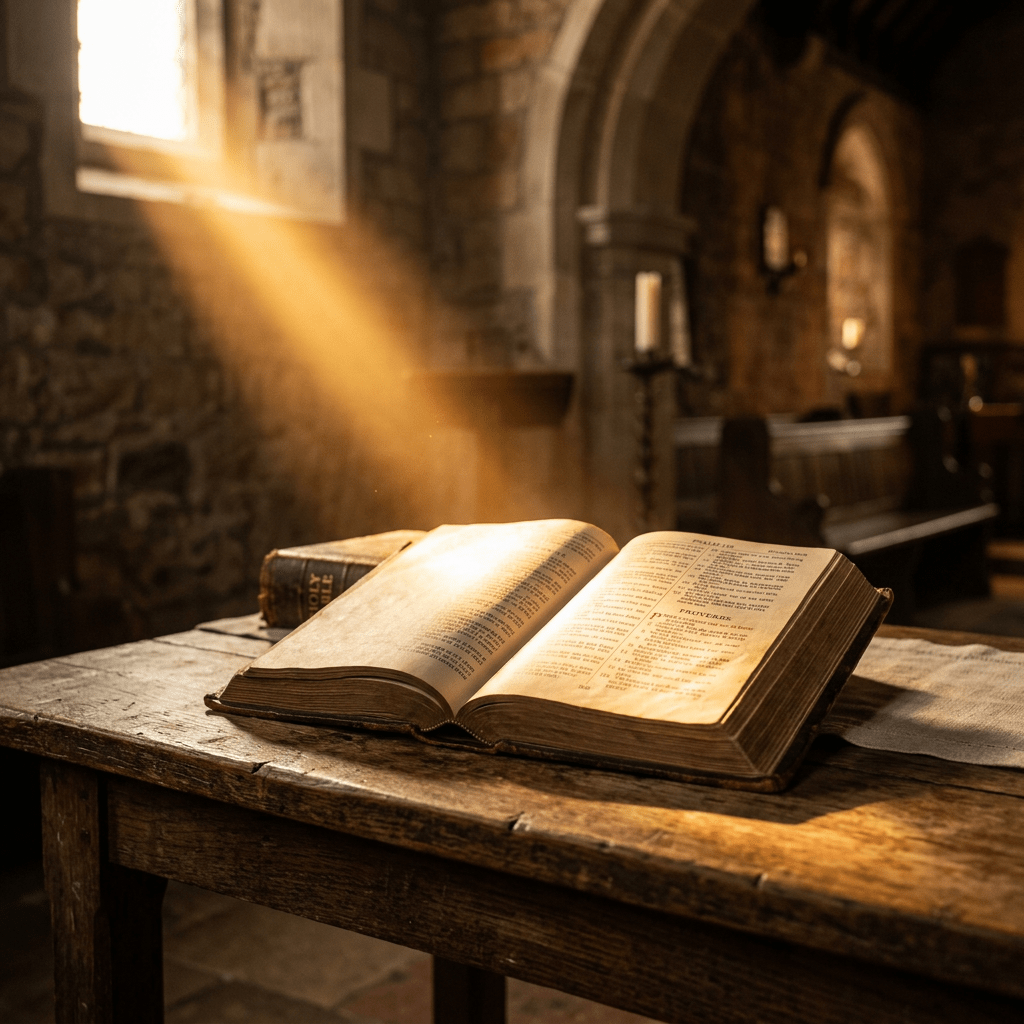 Open ancient Bible on wooden table illuminated by sunlight in church