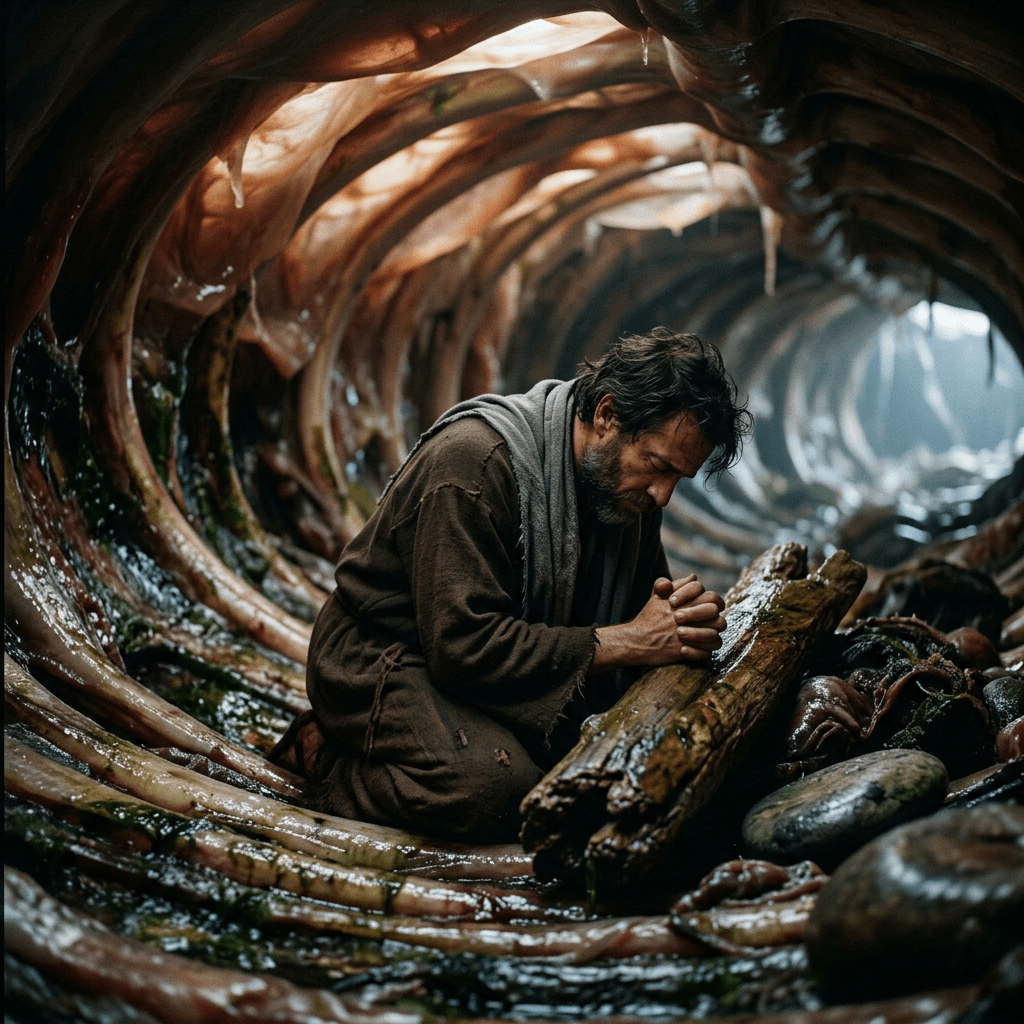 Man kneeling inside an enormous ribbed organic tunnel with algae-covered logs and stones