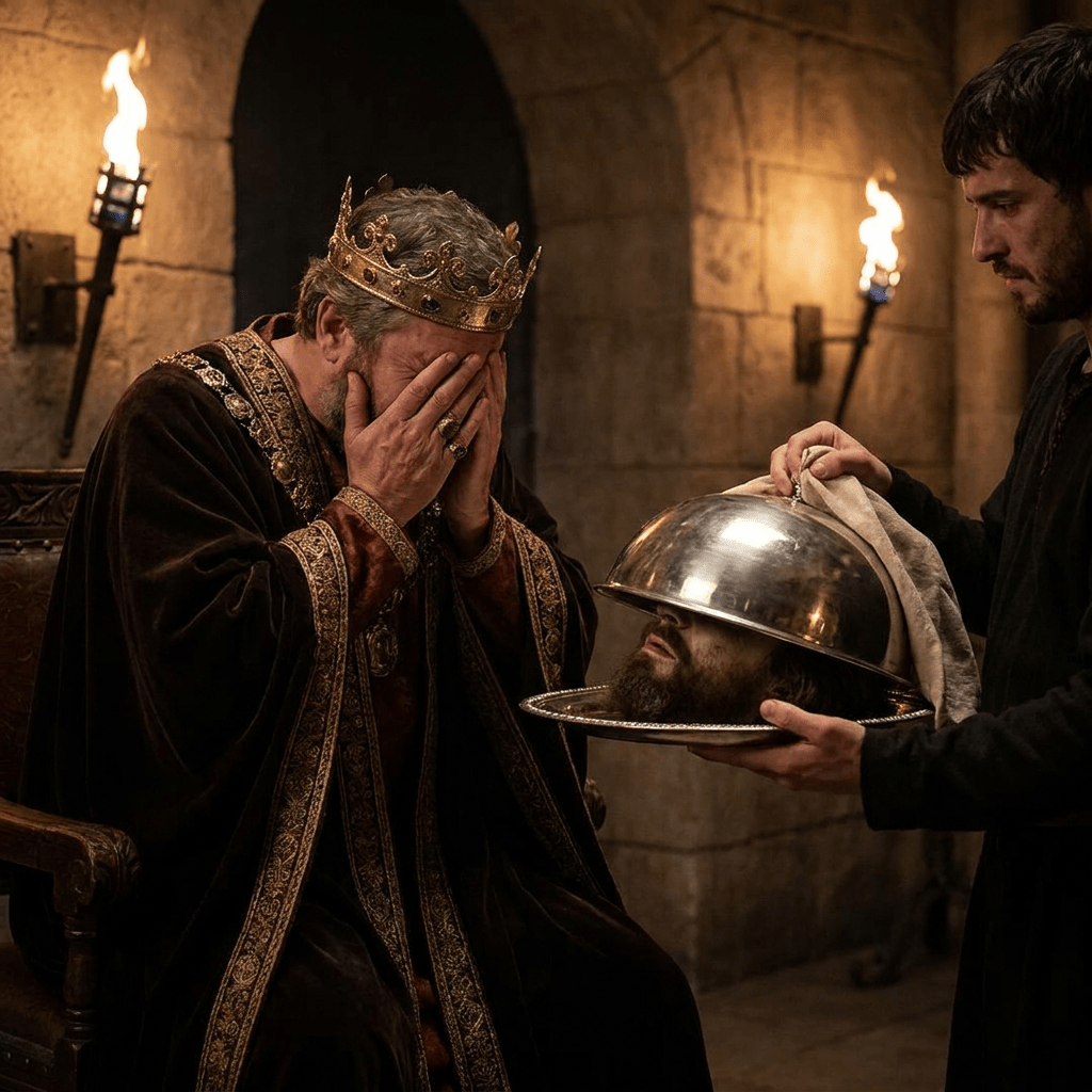 A medieval king in elaborate robes and crown covering his face while a man reveals a severed head on a silver platter under a dome cover in a stone room with torches.