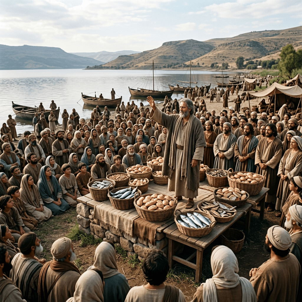 A man addressing a crowd with baskets of fish and bread by a lake