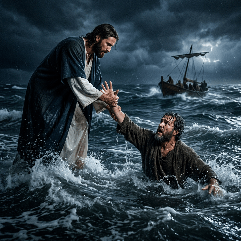 Man rescuing another from stormy sea with boat in background