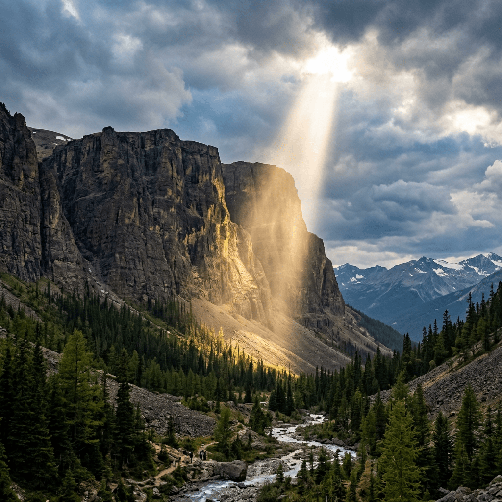 Sunlight beam shining on a rock face in a mountain valley with pine trees and a river