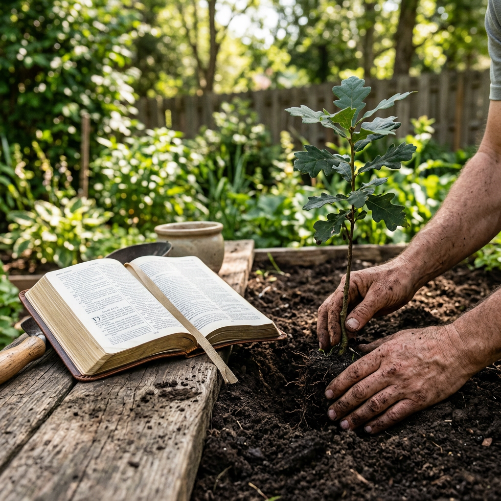 Hands planting a young tree beside an open Bible in a garden