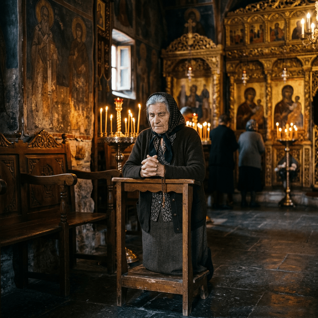 Elderly woman praying before a candlelit Orthodox iconostasis