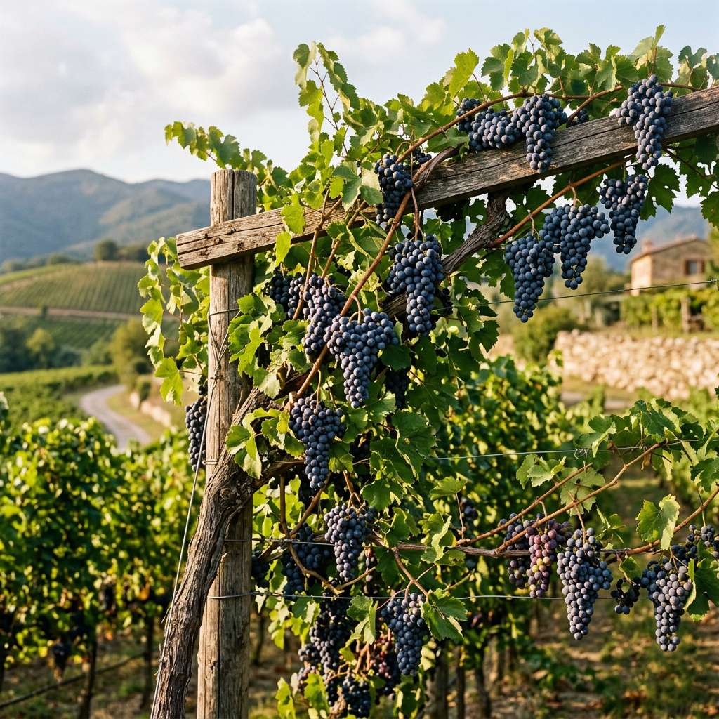 Clusters of dark grapes growing on vines in a mountain vineyard