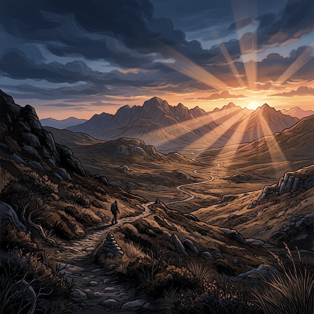 Lone hiker on a mountain trail beneath sunset rays