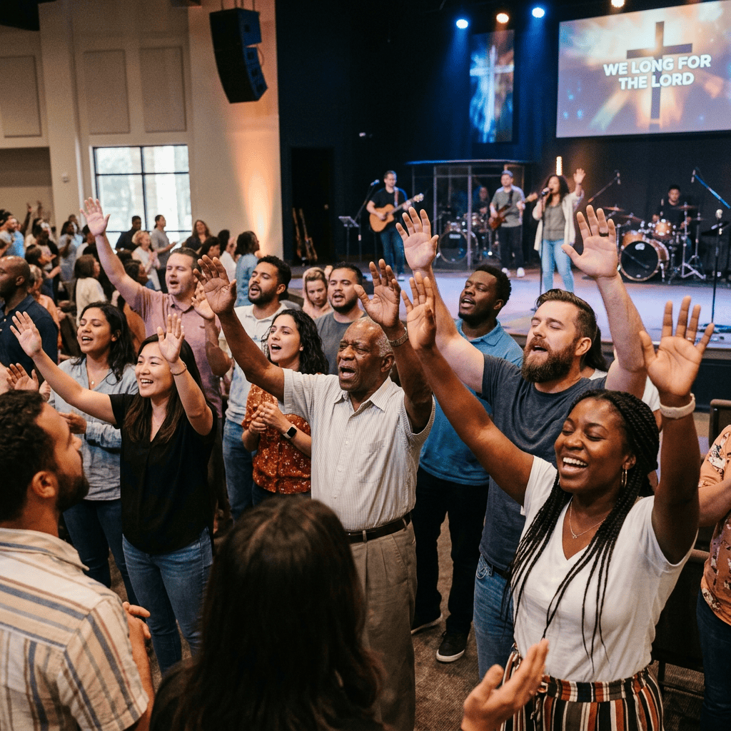 Congregation raising hands during worship with a live band on stage