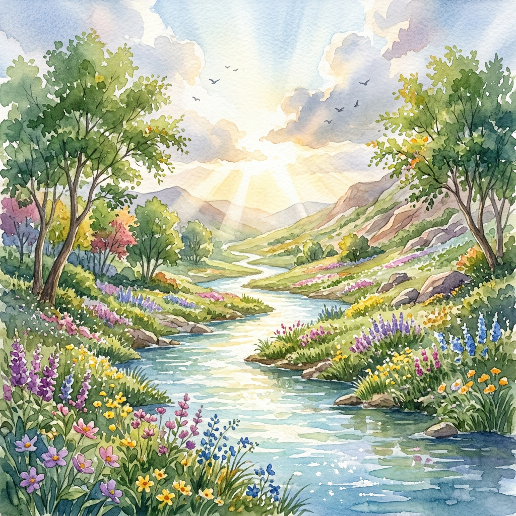 Watercolor river winding through a flower-filled valley with mountains and trees