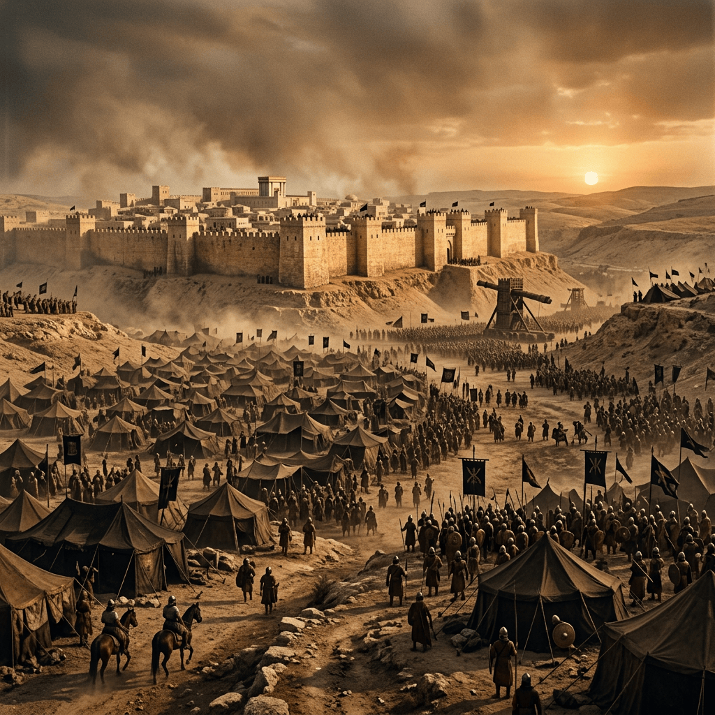 Medieval army camp with tents and siege engines beneath a desert fortress
