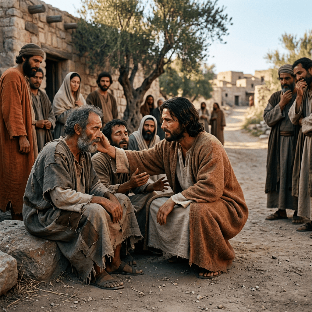 Bearded robed man gently touches an older seated man’s face among villagers