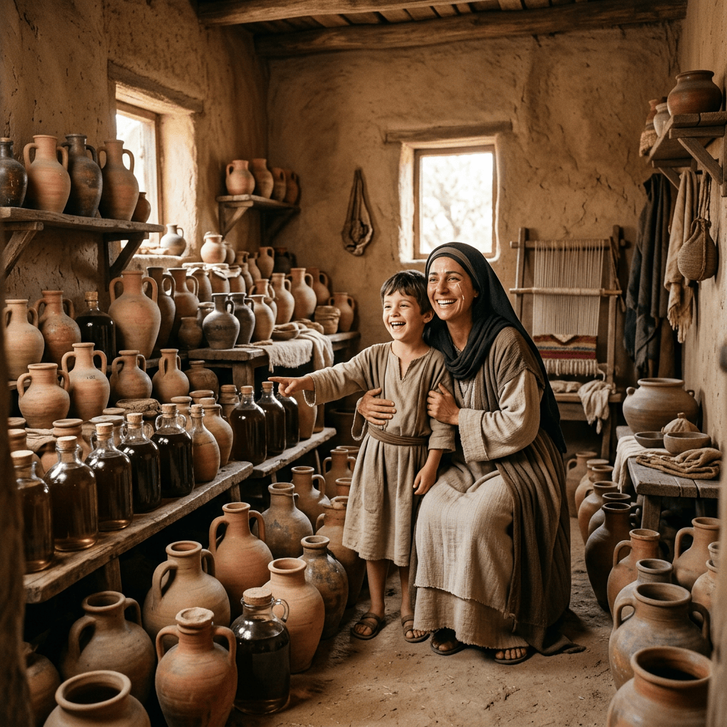Smiling mother and child standing together in a pottery workshop