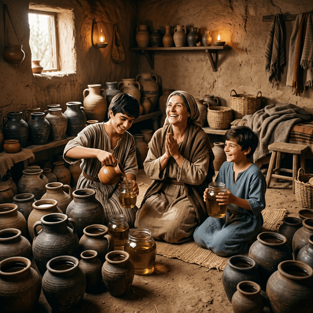 Family gathered among pottery jars as a boy pours oil into glass containers